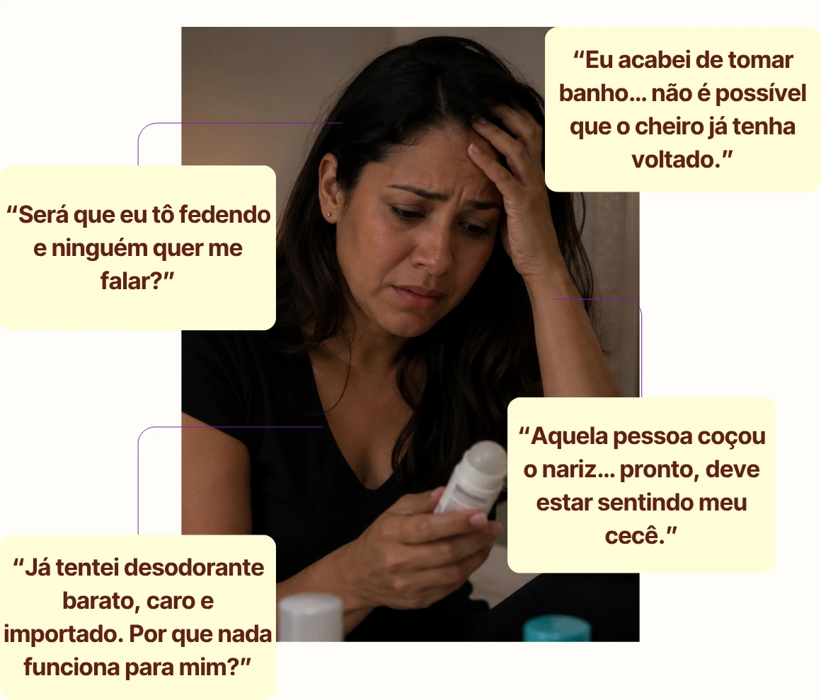 Mulher insegura e abatida, cercada pelas principais ruminações mentais sobre odor nas axilas
